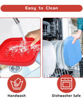 Handwashing red silicone pot basket and placing blue basket in dishwasher from 8.1 Inch Air Fryer Silicone Pot Square Set Of 2 Reusable Silicone Baskets For 5 Quart Or Larger Square Air Fryers Foldable And Easy To Clean With Heat Proof Gloves Included Color Red And Blue.