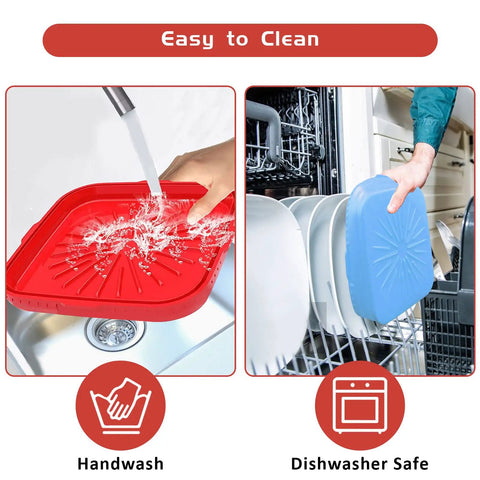 Handwashing red silicone pot basket and placing blue basket in dishwasher from 8.1 Inch Air Fryer Silicone Pot Square Set Of 2 Reusable Silicone Baskets For 5 Quart Or Larger Square Air Fryers Foldable And Easy To Clean With Heat Proof Gloves Included Color Red And Blue.