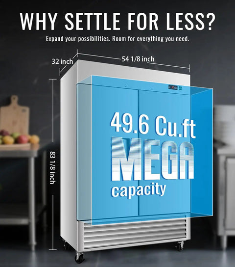 Top Tier Commercial Reach In Refrigerator Double Door Stainless Steel 49.6 Cubic Foot Straight Up Heavy Duty Kitchen Workhorse dimensions diagram