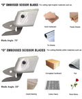 D and O embossed scissor blades for cutting rigid and soft materials, shown with various materials like cardboard and fabric.
