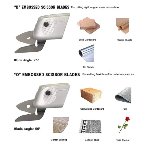 D and O embossed scissor blades for cutting rigid and soft materials, shown with various materials like cardboard and fabric.