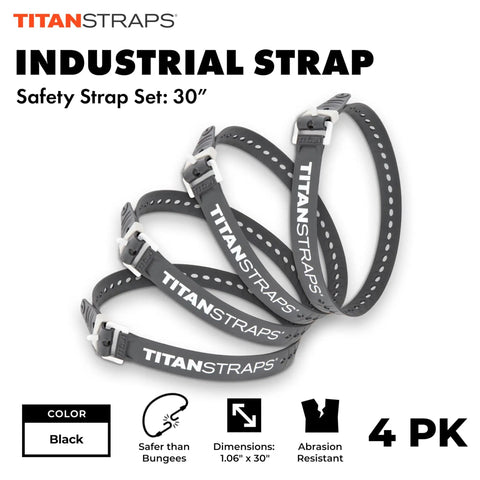 Industrial Tie Down Straps Beefy Heavy Duty 70 Lb Working Load 30 Inch Length 4 Pack Black For Construction Welders DIY Home Projects And First Responders Batch Tested For Confidence shown in 30-inch black straps with buckles.