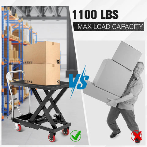 Garvee Heavy Duty Hydraulic Lift Table Cart, 1100 Lbs Capacity Scissor Hoist with four swivel wheels lifting boxes in a warehouse.