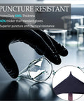 Top Tier Built Tough 6 Mil Black Nitrile Gloves 100 Pack Large hand handling broken glassware safely in laboratory setting.