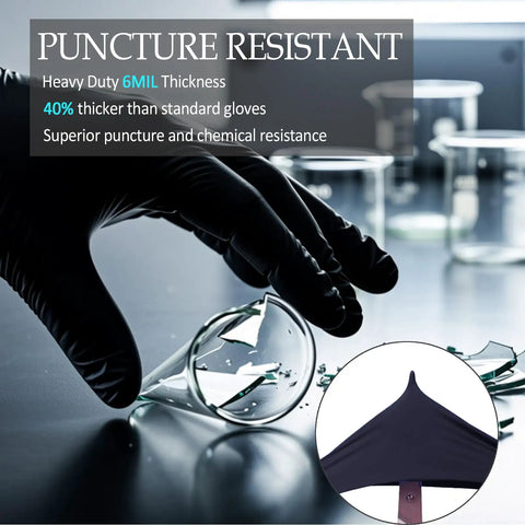 Top Tier Built Tough 6 Mil Black Nitrile Gloves 100 Pack Large hand handling broken glassware safely in laboratory setting.