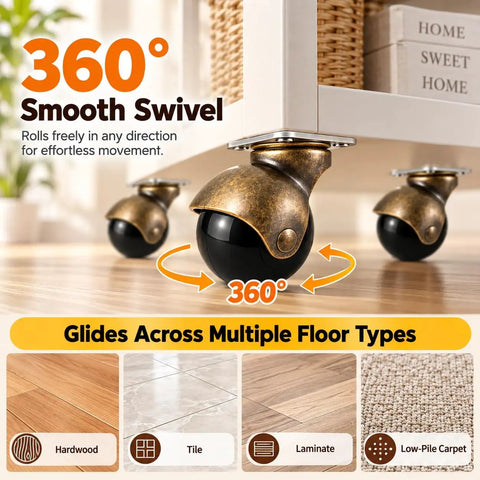 Twelve Piece 2 Inch Ball Caster Set With Swivel Plate Mount For Furniture And Cabinet Projects showing smooth 360-degree swivel movement on various floor types.