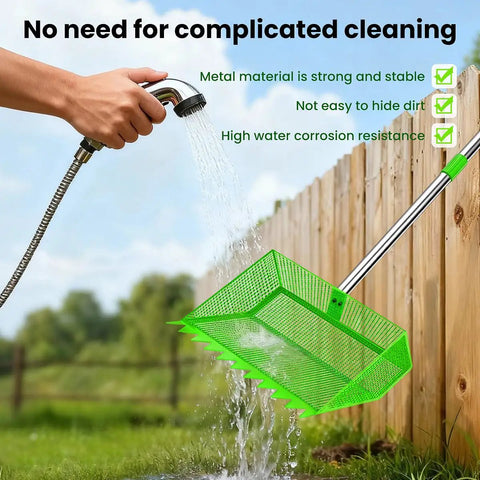 Washing 2 In 1 Chicken Poop Scooper And Rake With Handle 12 Inch Heavy Duty Metal Coop Cleaner near a wooden fence