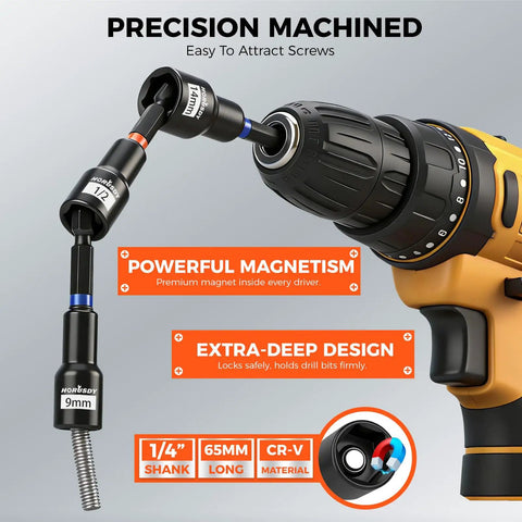Close-up view of drill using 35 Piece Magnetic Nut Driver Set With One Quarter Inch Hex Shank Quick Release Extensions And Impact Socket Adapters.