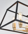 Mid Century Modern Geometric Chandelier With Black And Gold Accents In Age Brass Finish, close-up of bulbs and frame.