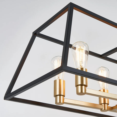 Mid Century Modern Geometric Chandelier With Black And Gold Accents In Age Brass Finish, close-up of bulbs and frame.