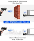2D And 1D Wireless Barcode Scanner With Smart Charging Stand Portable Inventory Data Terminal showing transmission range
