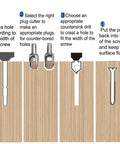 Illustration of Killer Pro Grade Woodworking Chamfer And Countersink Kit steps showing drilling and plug cutting process.