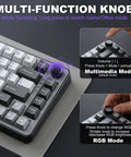 Kickass 75 Percent Tri Mode Wireless Mechanical Keyboard With Hot Swap Keys And Large 4000 Mah Battery For Smooth Typing Vibes And Heavy Gaming Flows In Dark Grey Finish showing multi-function knob for volume and RGB control.