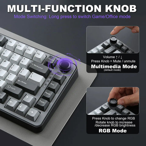 Kickass 75 Percent Tri Mode Wireless Mechanical Keyboard With Hot Swap Keys And Large 4000 Mah Battery For Smooth Typing Vibes And Heavy Gaming Flows In Dark Grey Finish showing multi-function knob for volume and RGB control.
