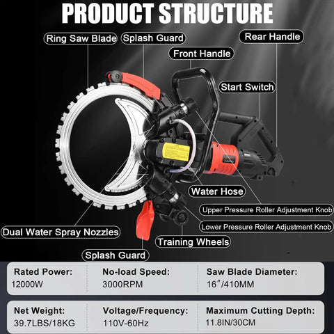 Big 16 Inch Electric Concrete Saw With 3200W Motor, Heavy Duty Circular Cutter For Deep Wall Breaks In Bricks Rebar And Stone, 11.8 Inch Cutting Depth Power Tool showing structure and features.
