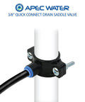 Drain Saddle Valve 3/8 Inch for Under Sink Reverse Osmosis Systems Leak Free RO Waste Water Connection attached to pipe