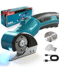 Heavy Duty Cordless Electric Scissors And Cardboard Cutter With Safety Lock Rechargeable Battery Led Light For Leather Carpet Plastic Cutting Tool Fast Easy Trim Power Rotary Blade Replacement with USB cable and replacement blade.