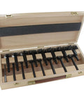 Professional Grade 16 Piece Forstner Bit Set Slick Wood Drilling Kit in wooden box with multi size hole cutters for carpentry.