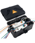 Large Outdoor Electrical Box Waterproof Weatherproof Enclosure Black For Protecting Extension Cords Plugs Sockets Timers And Power Strips Made From Heavy Duty Plastic Measures 12.5 By 8.5 By 5 Inches, open with power strips and cords