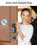 Woman demonstrating the One Touch Fingerprint Keyless Entry Door Lock With Keypad Code And Back Up Key Smart Deadbolt on wooden door.
