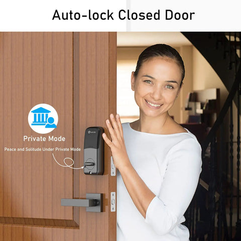 Woman demonstrating the One Touch Fingerprint Keyless Entry Door Lock With Keypad Code And Back Up Key Smart Deadbolt on wooden door.