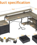 Product specification of 75 Inch L Shaped Desk With File Drawers And Power Outlet For Home Office, Grey Oak finish