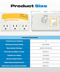 Diagram showing front and side view of Fridge Surge Protector With Three Outlets For Fridge, TV, And ACs, 120V 12A, 1440W, with dimensions.