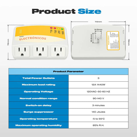 Diagram showing front and side view of Fridge Surge Protector With Three Outlets For Fridge, TV, And ACs, 120V 12A, 1440W, with dimensions.