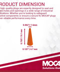 Product diagram showing dimensions of Orange Silicone Tapered Hole Plugs Pack of 50 Nonstick Rubber Seals for Small Round Holes