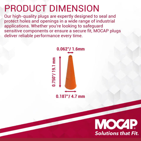 Product diagram showing dimensions of Orange Silicone Tapered Hole Plugs Pack of 50 Nonstick Rubber Seals for Small Round Holes