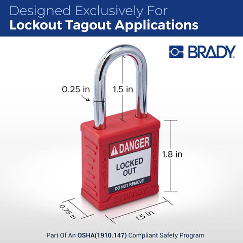 Red Lockout Padlock Sets 6 Pack Keyed Different One Key Per Lock Beefed Up OSHA Compliant Safety Locks front view with measurements.