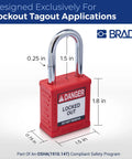 Red Keyed Alike Lockout Padlock with Danger Label, nylon body, steel shackle, OSHA compliant for tagout jobs, 1.8 x 1.5 inches