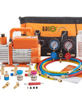 Front view of BACOENG R32 AC vacuum pump and gauge set with orange motor, dual gauges, tubing and accessories