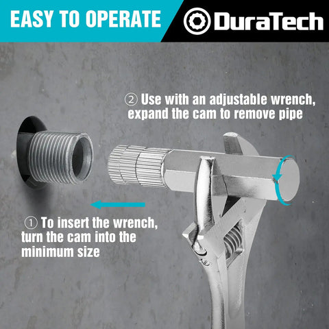 Internal Pipe And Nipple Extractor Set Three Piece Kit shows wrench expanding cam to remove pipe with instructions