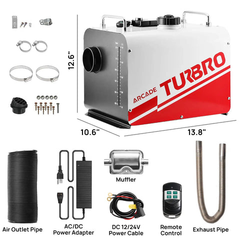 Kick The Freezer Chill With This 8KW Diesel Parking Heater Featuring Dual Voltage Hookups And Smart Display Remote Control Easy Bluetooth App Tuning For Campers Trucks Trailers Garages Or Shops Make Winter Cozy Again with components shown.