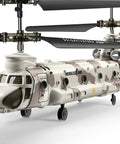 Close-up of Rugged Military Transport RC Helicopter with Altitude Hold and One Key Takeoff Landing, twin rotor, camo design