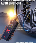 Portable Tire Inflator With Color LED Screen, 12V Car Air Pump, showing auto shut-off feature next to a car tire