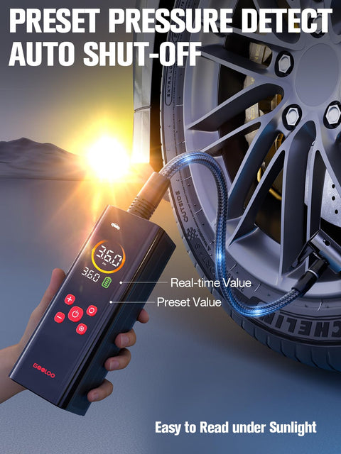 Portable Tire Inflator With Color LED Screen, 12V Car Air Pump, showing auto shut-off feature next to a car tire