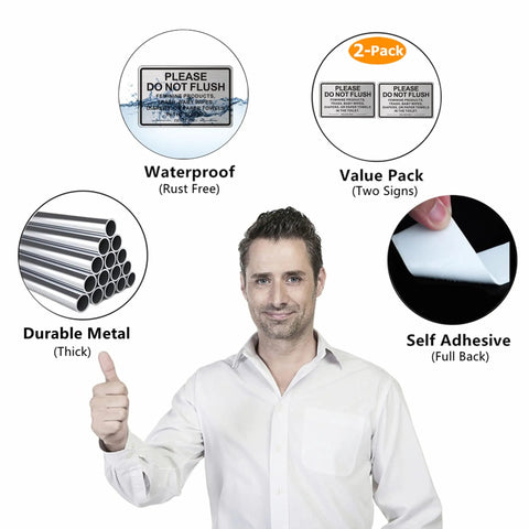 Two Pack Do Not Flush Sign For Bathroom Self Adhesive Aluminum Metal Sign With Brushed Aluminum Black Finish 9 By 6 Inches Perfect For Restrooms In Offices Restaurants And Homes with features.