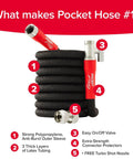 Pocket Hose 50 ft expandable garden hose with turbo shot nozzle; black hose, red nozzle, silver connectors.