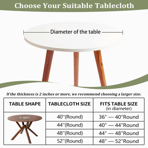 Size guide for Round Fitted Tablecloth With Elastic For Outdoor Tables, Waterproof And Wipeable Cover For Picnics, Camping, And Dinners.