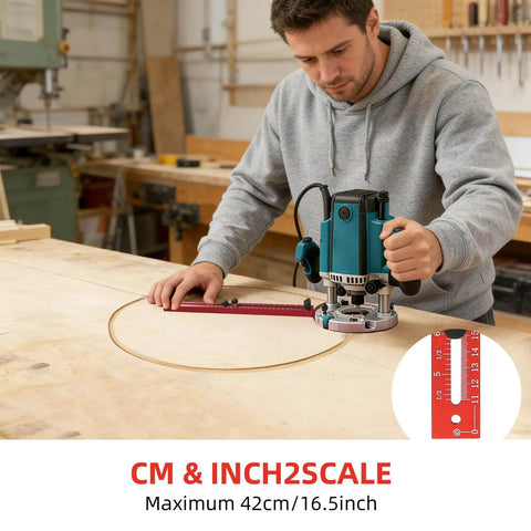 Woodworker using 5 In 1 Router Circle Jig And Milling Groove Bracket for woodworking on a flat surface, showing scale details