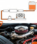 Universal Fuel Pressure Regulator Kit With 0-15 PSI Gauge And Adjustable 1-5 PSI Dial For Carburetor And Fuel Pump Plus Carburetor Fuel Block Upgrade installation diagram and engine view.