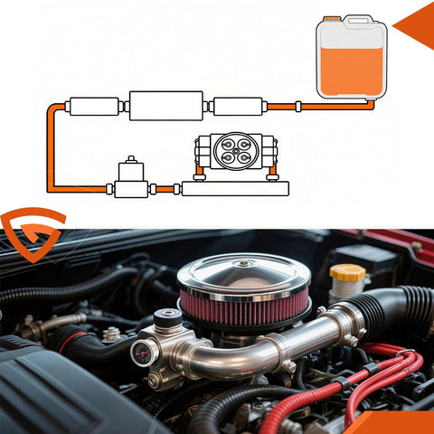 Universal Fuel Pressure Regulator Kit With 0-15 PSI Gauge And Adjustable 1-5 PSI Dial For Carburetor And Fuel Pump Plus Carburetor Fuel Block Upgrade installation diagram and engine view.
