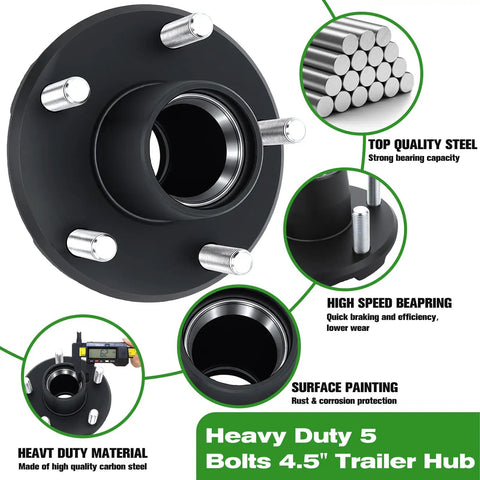 Trailer Hub Kit For 5 On 4.5 Inch Axles, 2000 Pound Capacity, with detailed components diagram