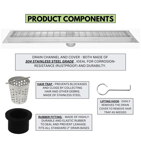 Built Like A Tank Extra Thick Six Gauge Stainless Steel Linear Shower Drain Kit Featuring Brushed Wedge Grate For Tile Floors And Zero Clog Hair Catcher Strainer Fifty Nine Inches Long components including drain channel, hair trap, rubber fitting, and lifting hook.