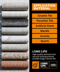 Dry Diamond Drill Bit Set BGTEC, 10pcs, 1/4" shank; left shows cylindrical tile samples beside orange application panels