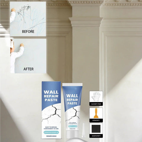 Wall Repair Paste Crack Filler Kit With Fast Dry Putty For Drywall Concrete Tile And Ceiling Seamless Texture Patch No Mess Easy Fix For Cracks And Holes Home Improvement Must Have For DIY Repairs; before and after wall repair use.