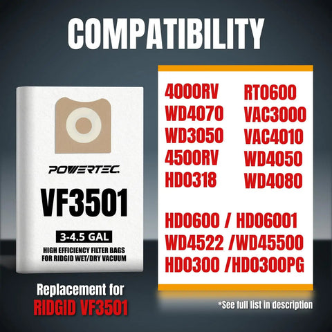 Compatibility chart for Ridgid Size C Shop Vac Bags 3-4.5 Gallon, 10 Pack Replacement Vacuum Bags For 4000RV WD4070 WD40700 WD4080 WD40800 23738 75017 P2