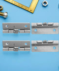 Hardcore Stainless Steel Self Closing Hinges Rock Solid Spring Loaded Door Hardware shown with hardware tools against blue background.